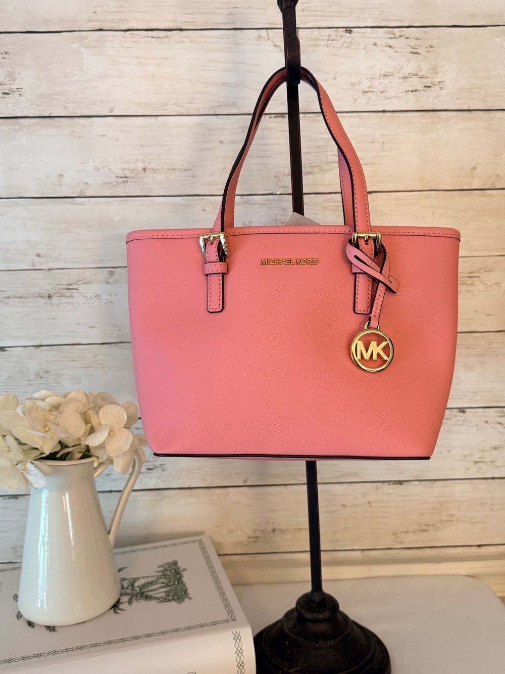 Michael Kors Carnation Pink Jet Set Saffiano Leather Tote with Gold MK Charm
